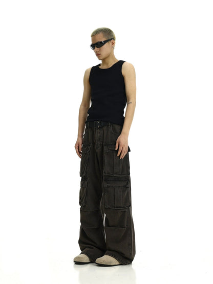 WASHED BROWN MULTI POCKET CARGO PANTS