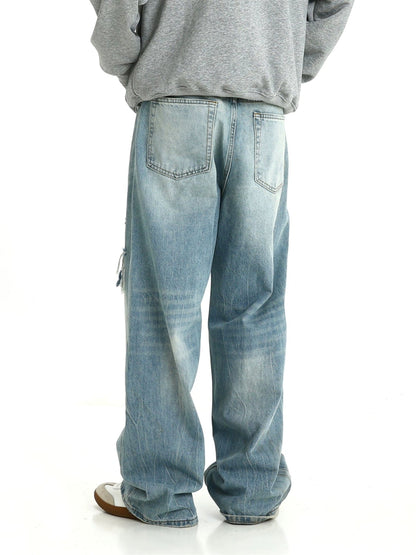 BLUE DISTRESSED WIDE STRIAGHT DENIM