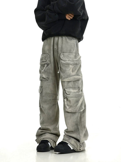 WASHED GREY DENIM CARGO PANTS