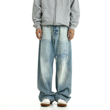 BLUE DISTRESSED WIDE STRIAGHT DENIM