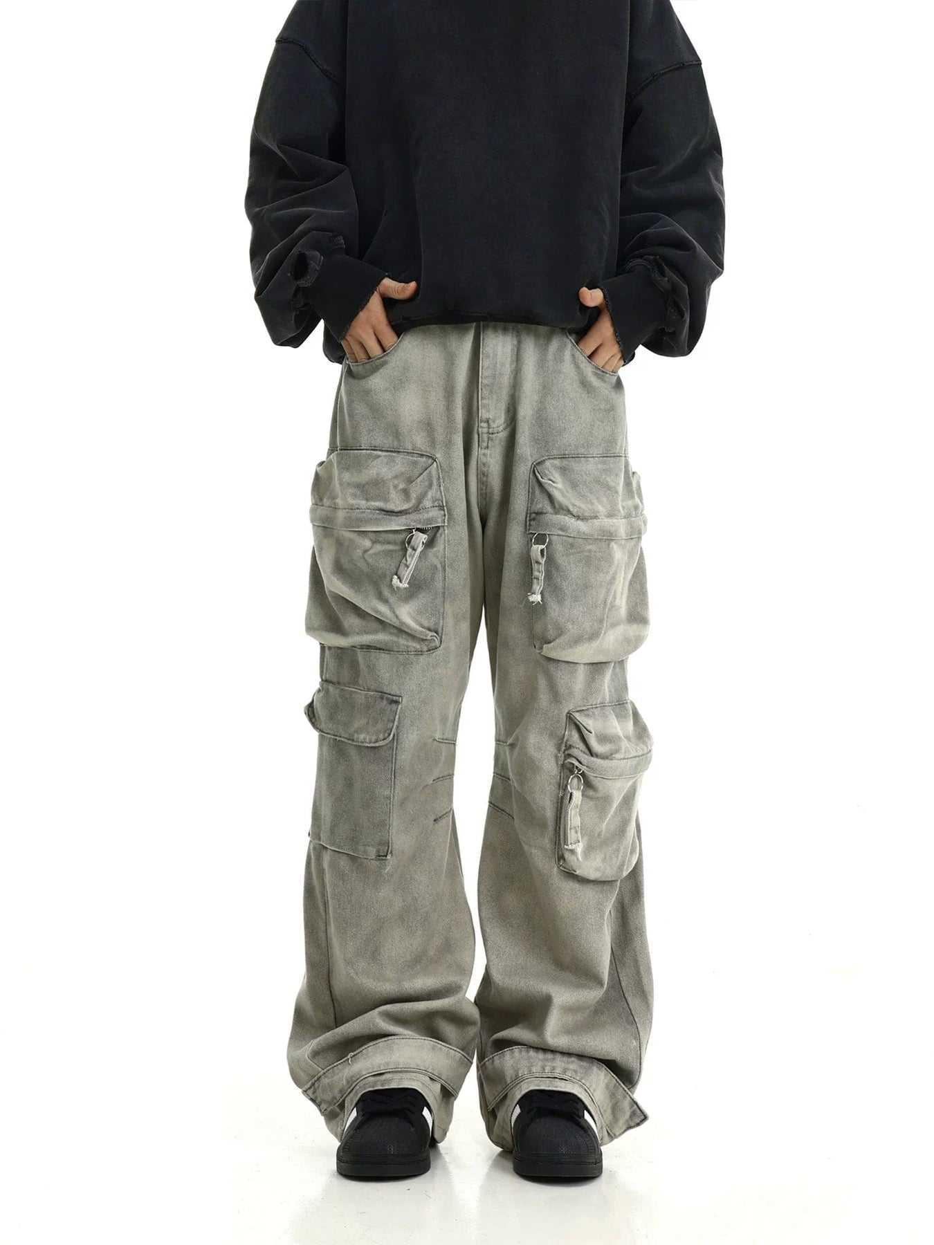 WASHED GREY DENIM CARGO PANTS