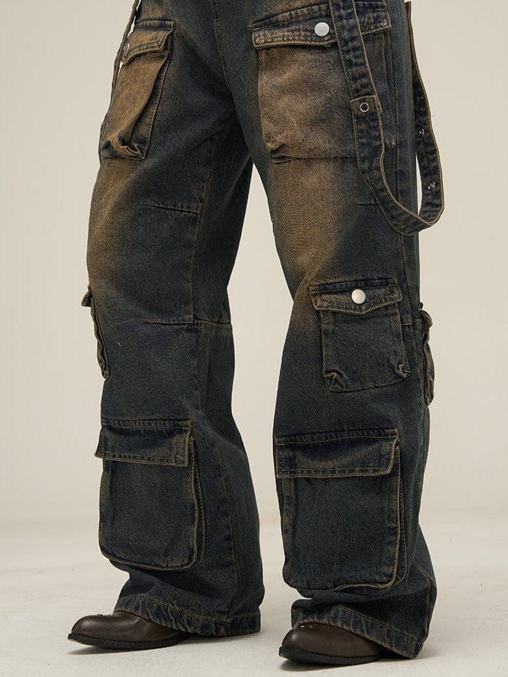 WASHED DENIM CARGO PANTS MULTI POCKET