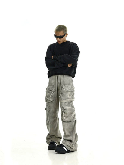 WASHED GREY DENIM CARGO PANTS