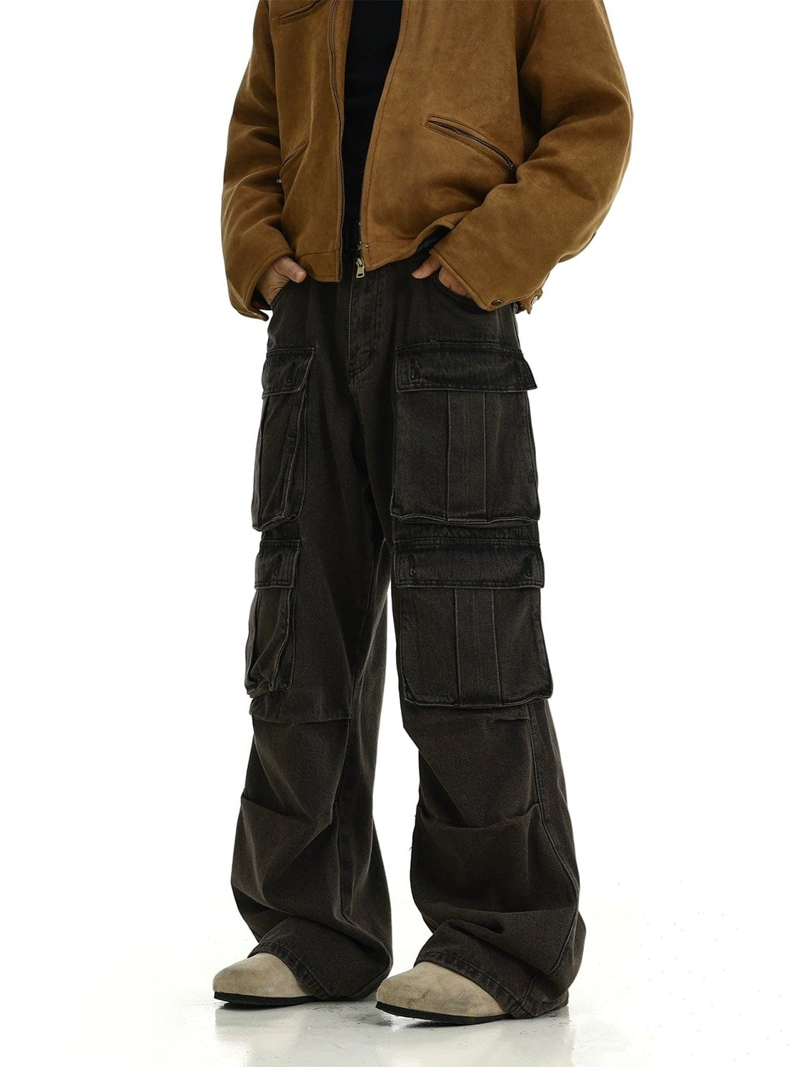WASHED BROWN MULTI POCKET CARGO PANTS