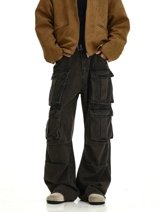 WASHED BROWN MULTI POCKET CARGO PANTS