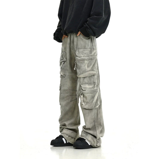 WASHED GREY DENIM CARGO PANTS