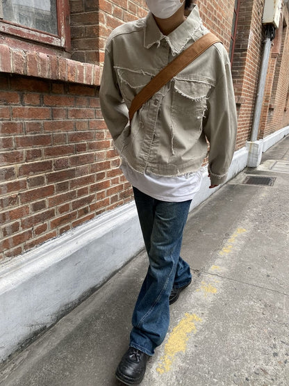 KHAKI DISTRESSED DENIM JACKET