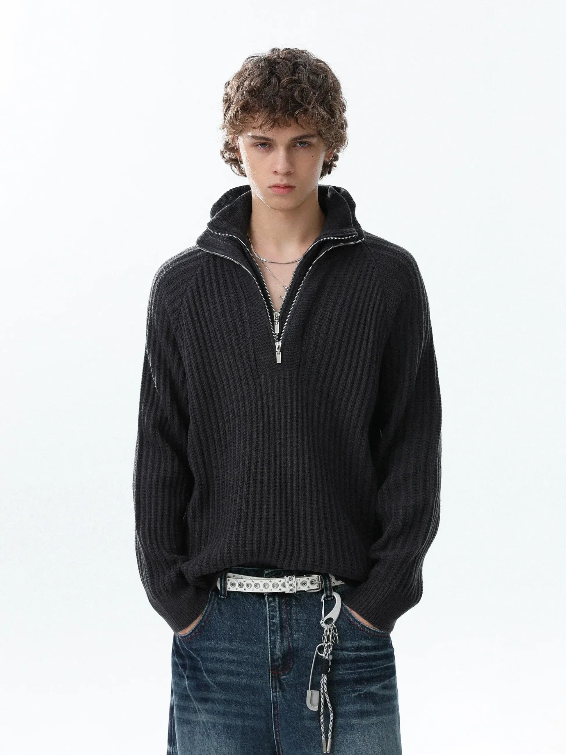 KNITWEAR DOUBLE COLLAR QUARTER ZIP SWEATER