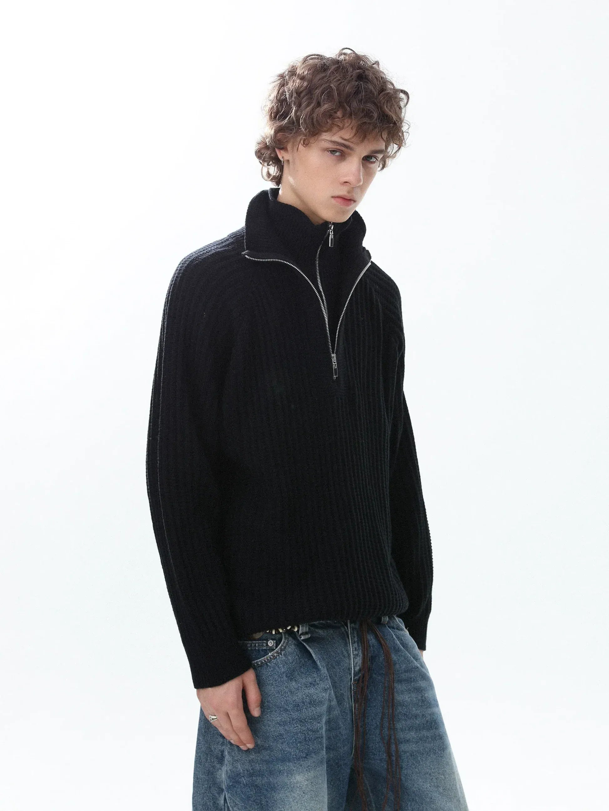 KNITWEAR DOUBLE COLLAR QUARTER ZIP SWEATER