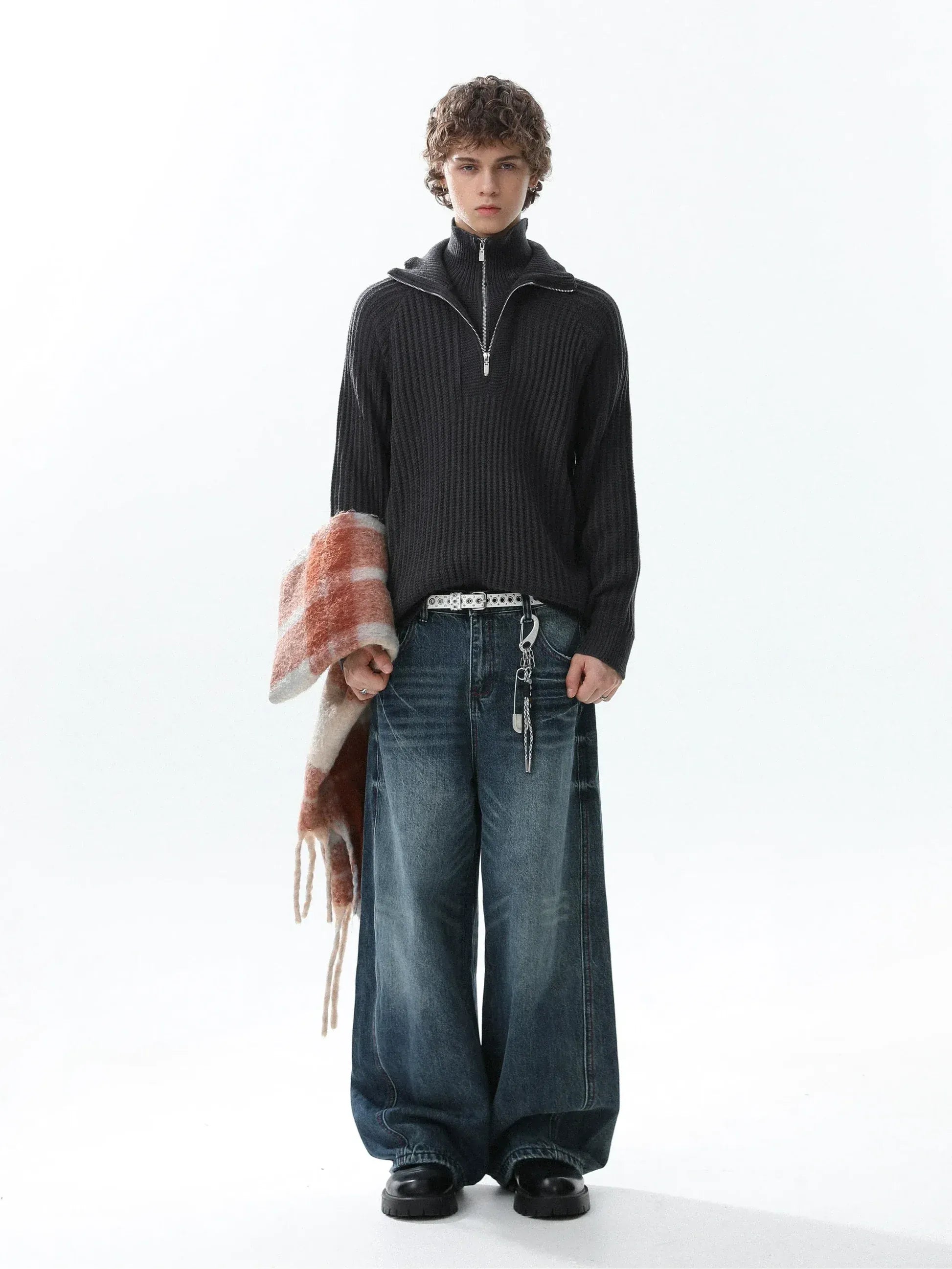 KNITWEAR DOUBLE COLLAR QUARTER ZIP SWEATER