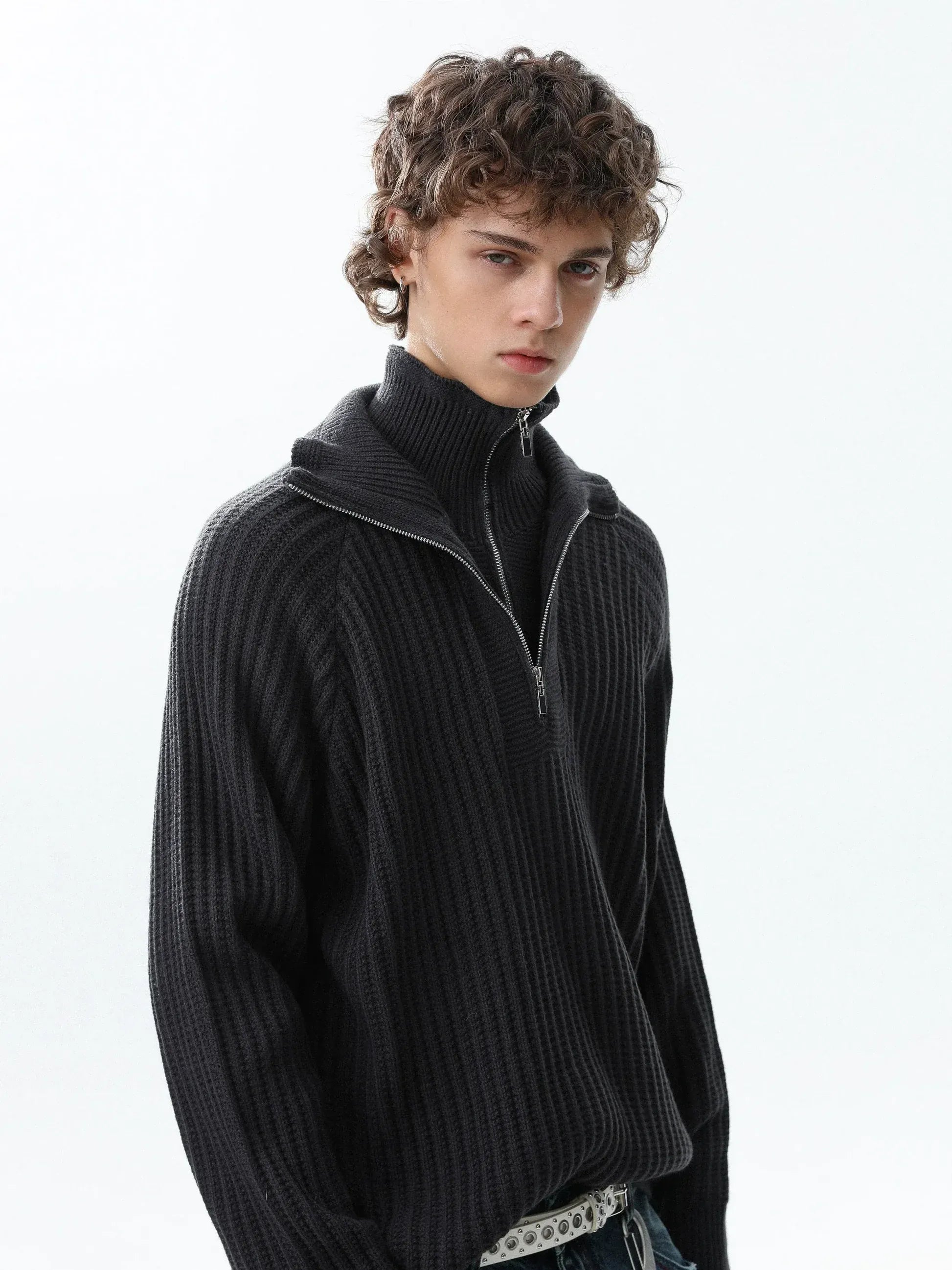 KNITWEAR DOUBLE COLLAR QUARTER ZIP SWEATER